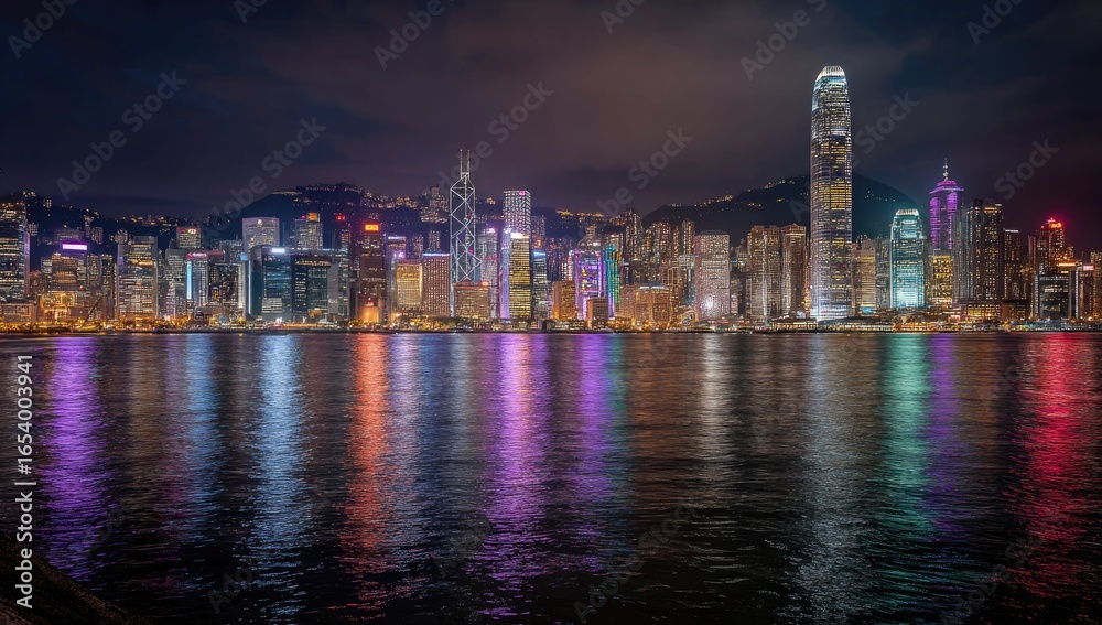Obraz premium Hong Kong skyline at night, vibrant lights reflected