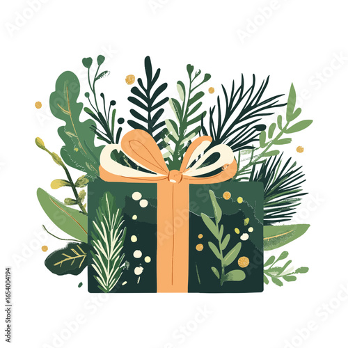 A gift box with a bow, surrounded by a variety of green plants and leaves. This flat illustration is suitable for websites and blogs related to gift-giving, holidays, or eco-friendly themes.

