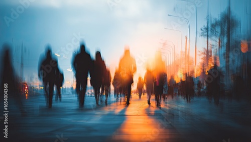 Blurry silhouettes of people walking on a city street at sunrise or sunset