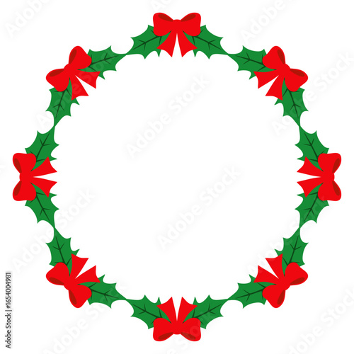 Tiempo de Navidad. Logo con corona navideña circular de hojas de acebo con lazo de cinta para tarjetas y felicitaciones