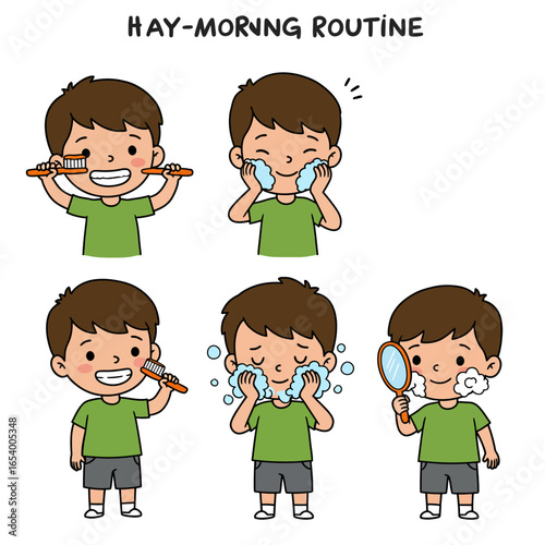 Cartoon Boys Morning Routine Brushing Teeth Washing Face Shaving.