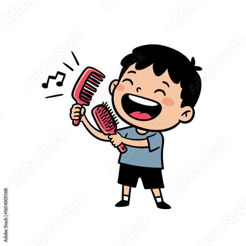 Cartoon Boy Singing with Hairbrushes Happy and Energetic Pose.