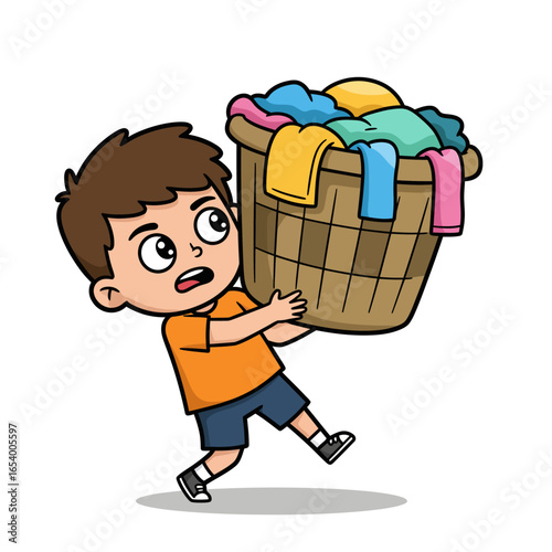Cartoon boy struggling to carry a heavy laundry basket full of clothes.