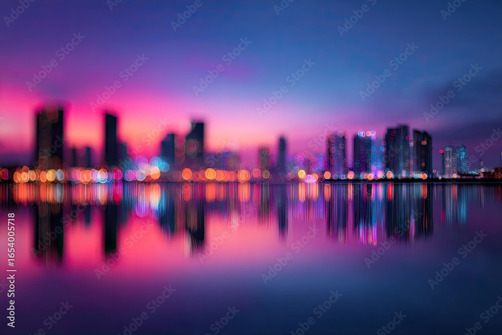 Fototapeta premium Blurred cityscape at twilight reflected in water