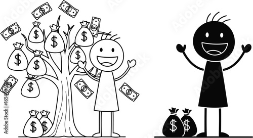 Money tree investment financial growth wealth stick figure concept