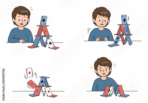 Young boy experiences disappointment as his carefully constructed house of cards tumbles down, a metaphor for project failure.