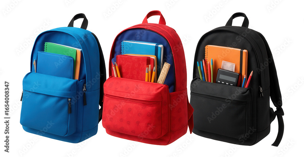 Fototapeta premium Three assorted backpacks filled with school supplies.