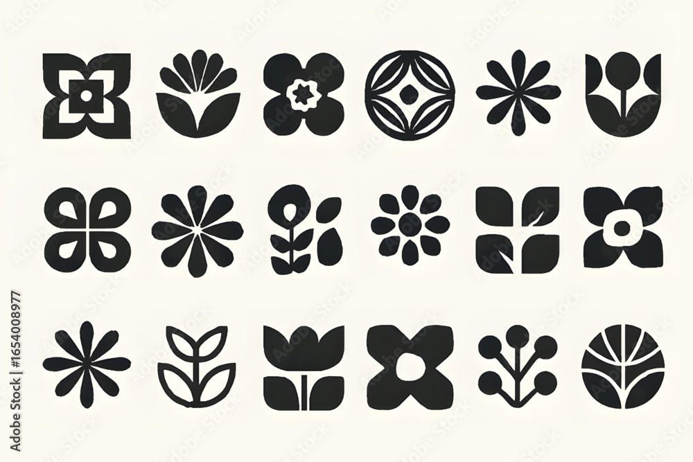 Fototapeta premium Geometric floral icon set – decorative flowers, leaves, abstract blooms, modern botanical symbols