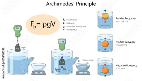 Archimedes principle, buoyant force formula, water displacement, and examples of positive, neutral, and negative buoyancy diagram hand drawn schematic raster. Science educational illustration