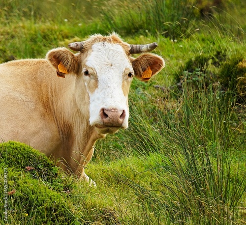 Portrait of a cow on a green meadow on the island of Pico in the Azores, Portugal.
