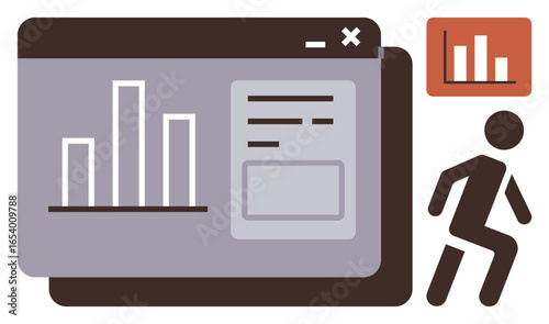 Bar graph window interface, abstract figure stepping forward, progress, analytics, growth tracking. Ideal for business performance, technology, productivity innovation goals planning. Simple flat