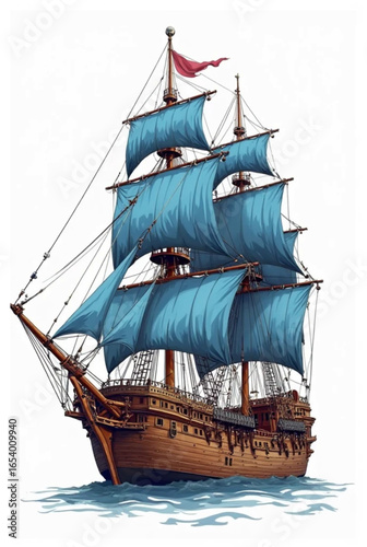 Sailing Ship Illustration: Vintage Vessel with Blue Sails for Commercial Use.

