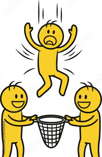 Cartoon illustration of falling man caught in safety net team