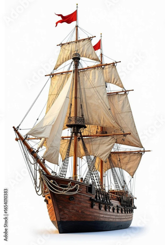 "Sailing Ship Isolated: Historical Vessel with Red Flags on White Background"

