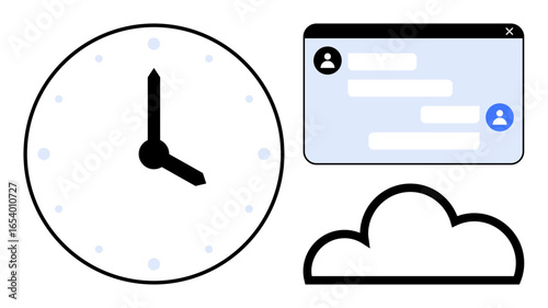 Clock, chat window, and cloud symbolizing time tracking, communication, and cloud services. Ideal for productivity, collaboration, cloud computing, time management remote work scheduling simple
