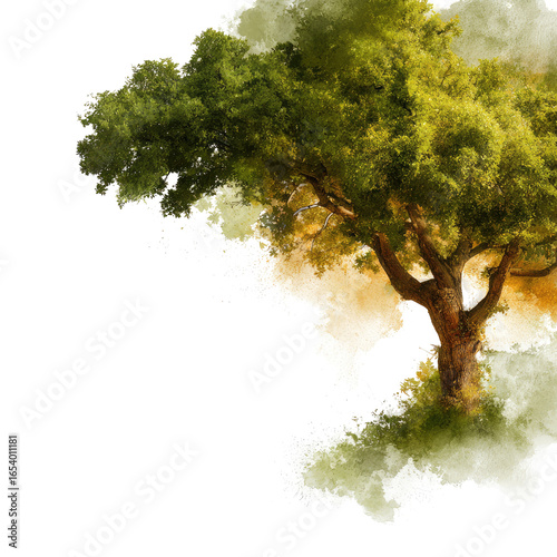 Watercolor painting of a lush, green tree with a strong trunk against a soft glow