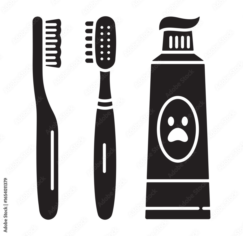 Black and white illustration of toothbrushes and a toothpaste tube depicting pet dental care Black and white illustration of toothbrushes and a toothpaste tube depicting pet dental care