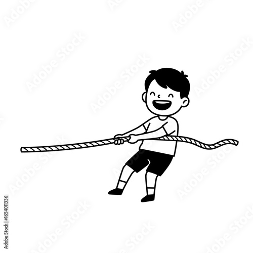 Cheerful cartoon boy with black hair pulling a rope in a tugofwar game Minimalist black and white line art.