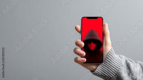 hand shows smartphone with phone scammer on the screen on light grey background