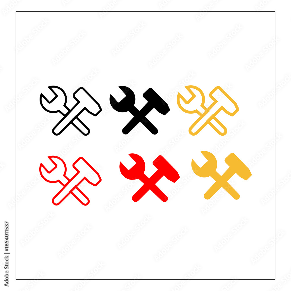 Obraz premium A collection of six stylized icons featuring a crossed wrench and hammer, presented in black, red, yellow, and pink.