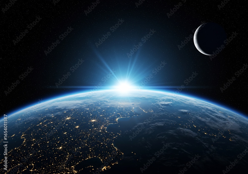 Fototapeta premium Earthrise Sunrise: Crescent Moon and City Lights