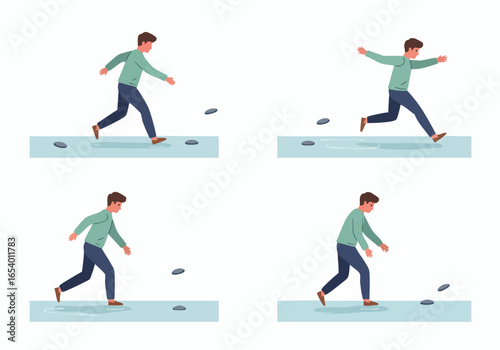 Man navigating a series of floating stones across a gap, symbolizing problem-solving, overcoming obstacles, and strategic progress in a challenging environment.