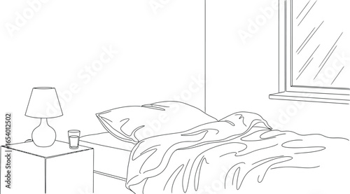 Bedroom interior design sketch with bed and bedside table