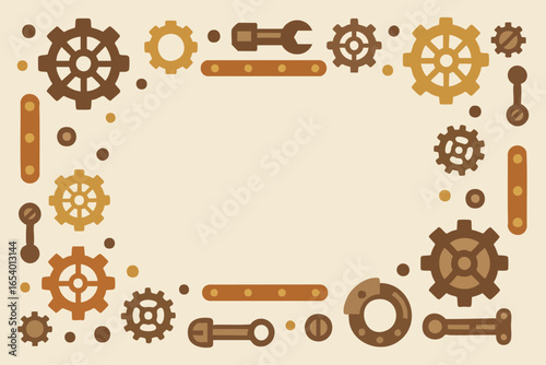 Steampunk mechanical border with gears bolts pipes and cogs in sepia tones