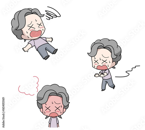 重度の熱中症になる高齢女性のイラスト3種類セット