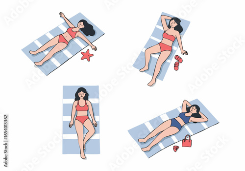 Summer Relaxation: Illustrated women in swimsuits enjoying sunbathing on striped towels with beach accessories.