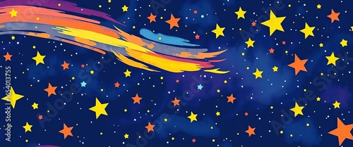 Whimsical crayon-style starry night seamless pattern with colorful comets and stars, cute, universe
