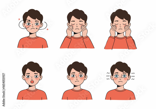 Various Eye Discomforts and Symptoms in a Young Man Illustration Set