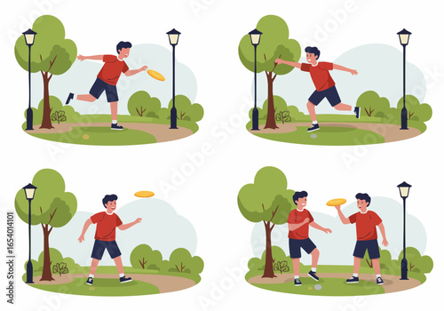 Illustrative sequence of a young man playing frisbee in a park, depicting outdoor recreational sports and active leisure fun.