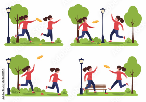 Active women enjoying frisbee game in park, cheerful outdoor leisure illustration.