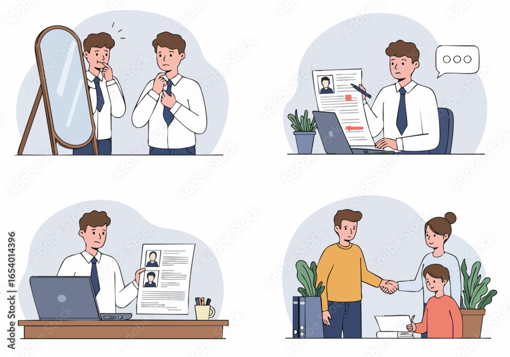 Career Journey: Man's Progression through Job Application, Interview, and Successful Professional Engagement