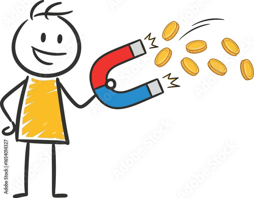 Attracting wealth and money concept with cartoon stick figure