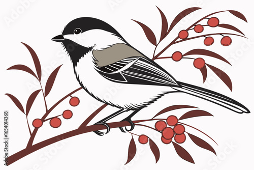 Illustration of a chickadee perched on a branch isolated on white background