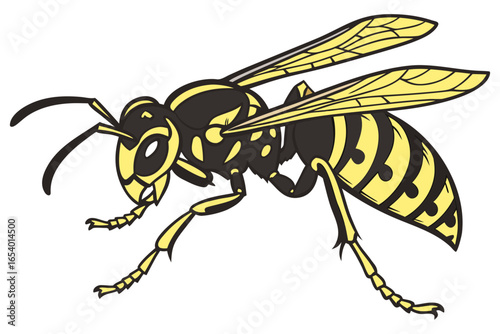 Wasp with black and yellow stripes isolated on white background, a stinging insect