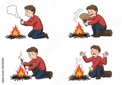 Man struggling to light a campfire, showing frustration and various attempts to keep the fire going, illustrating difficulty and perseverance.