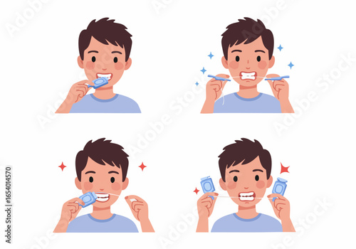 Illustration of a young man demonstrating proper dental flossing techniques with both a flosser pick and traditional dental floss for good oral hygiene.