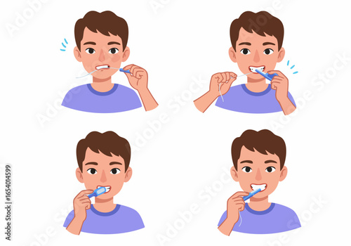 Young man demonstrating proper dental flossing technique with a flosser, illustrating essential oral hygiene steps for a healthy smile.