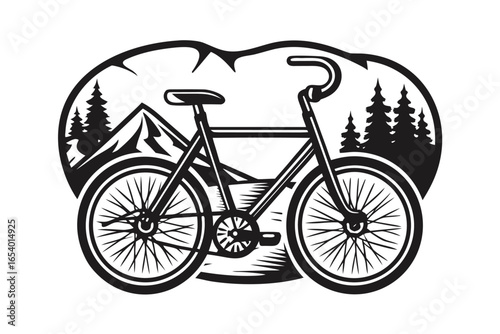Stylized Bicycle with Mountain and Trees Landscape Silhouette on white background