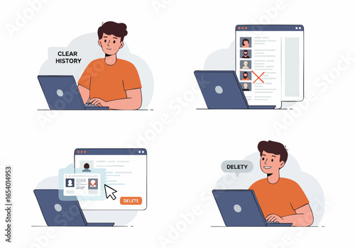 Man clearing browsing history and deleting user profiles on laptop, focusing on online privacy and data management.
