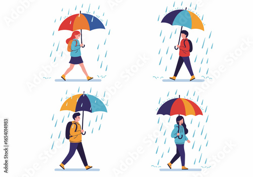 People walking in the rain with colorful umbrellas, a collection of flat design illustrations.