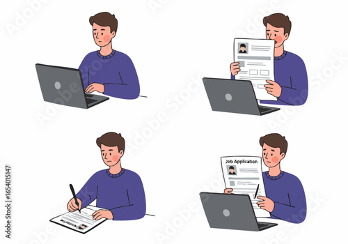 Young man navigating the job application process, from online search to reviewing resumes and filling out forms, demonstrating the steps of finding employment.