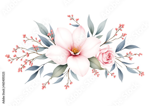 Elegant watercolor floral arrangement featuring a magnolia rose and berries on black background