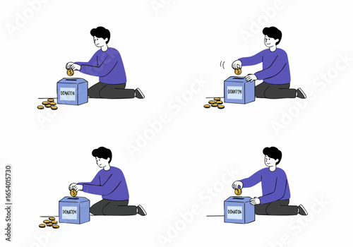 Man contributing coins to a donation box, representing charity, giving, and financial support for social causes.