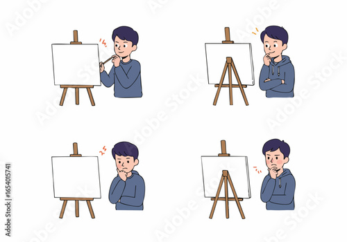 Artist's creative journey: A person's changing emotions while contemplating and struggling with a blank canvas and artistic block.