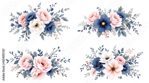 Elegant watercolor floral arrangements in blush pink and navy blue on black background