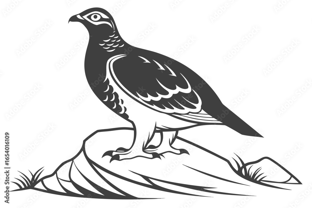 Fototapeta premium Rock ptarmigan bird standing on a rock isolated on white background